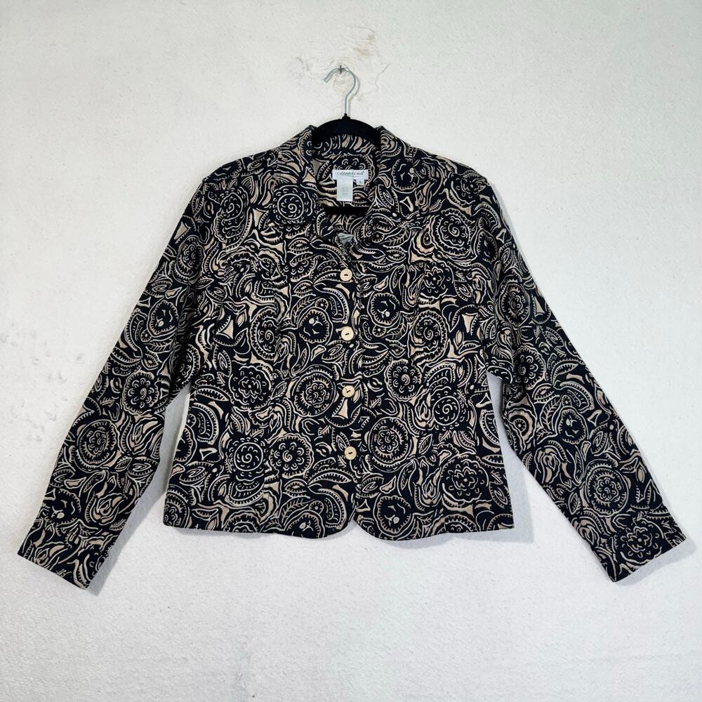 Coldwater Creek Black Tan Floral Pattern Linen Button-Up Boxy Jacket Size Large